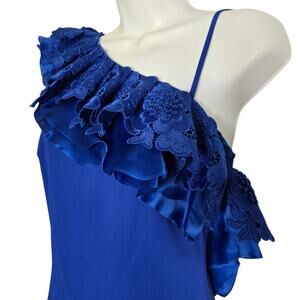 Badgley Mishka Ruffled One Shoulder Evening Maxi Dress Blue 2 Gala Wedding Prom